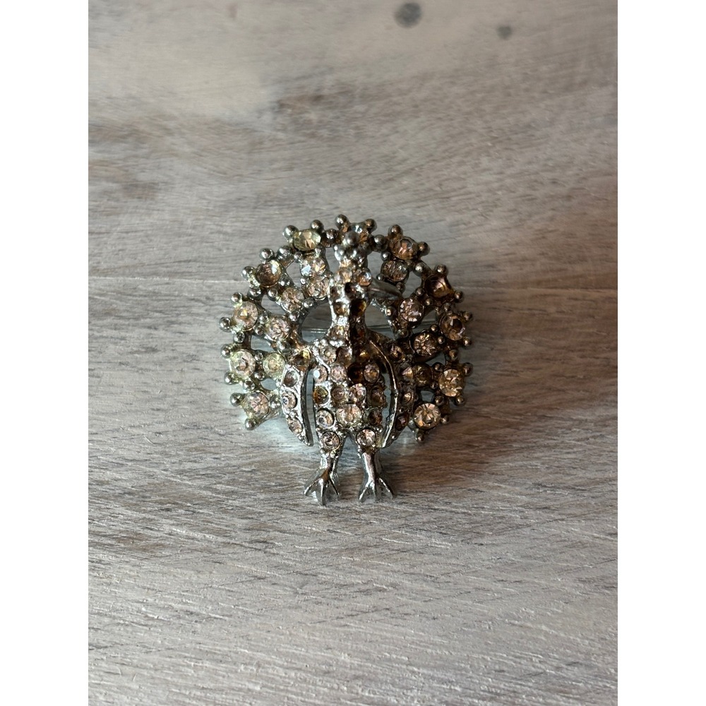 Vintage Starline Rhinestone Peacock Brooch Silver Tone Figural Bird Pin